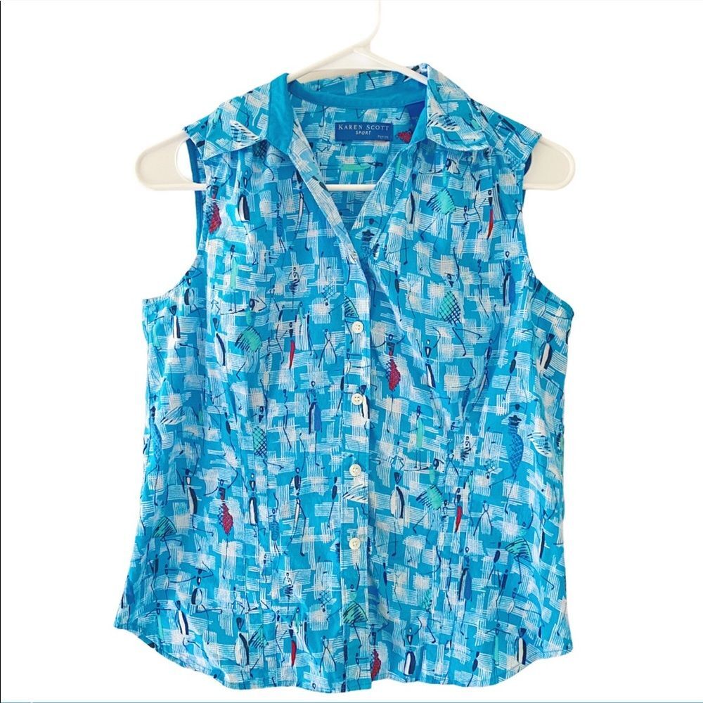 Karen Scott Sport Blue White Sleeveless Button Down Blouse Top Stick Figures